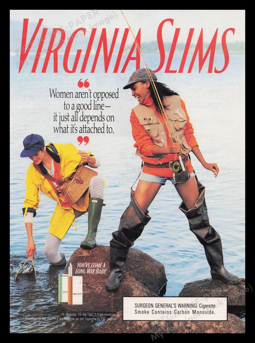 Virginia Slims 1990s Print Advertisement 1993 Fishing Two Girls Legs Cigarette Fetch the Paper!
