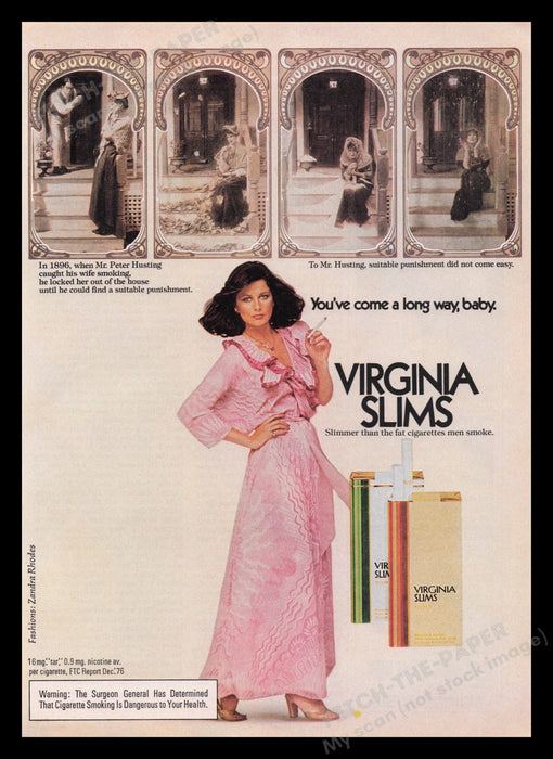 Virginia Slims Cigarettes 1970s Print Advertisement Ad 1977 Locked Out Of House Fetch the Paper!
