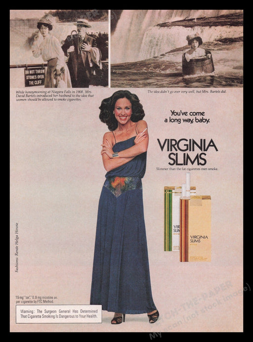 Virginia Slims Cigarettes 1970s Print Advertisement Ad 1979 Niagara Falls Barrel Fetch the Paper!
