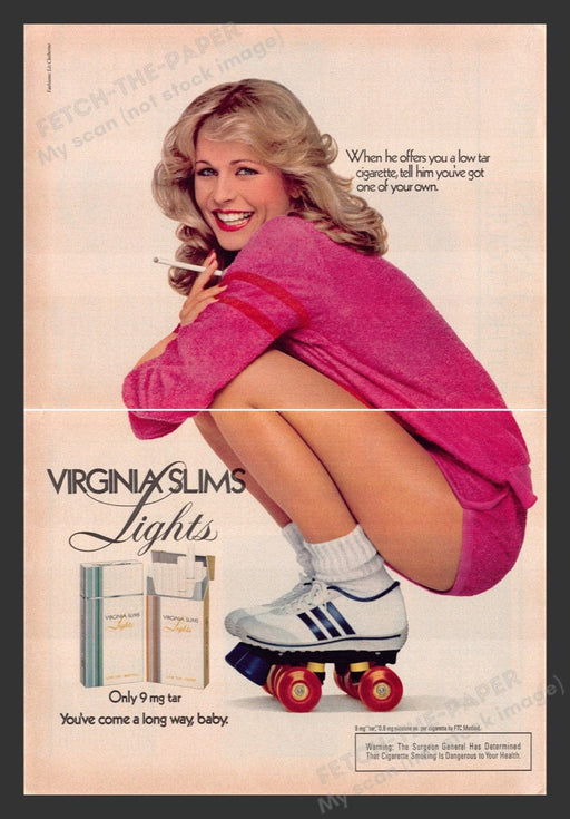 1980 Virginia Slims Lights Cigarettes Rollerskating Girl Print Ad (2 Pages)