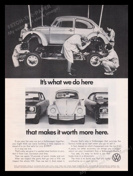 Volkswagon Sedan III VW Bug 1970s Print Advertisement Ad 1972 Assembly Line Fetch the Paper!