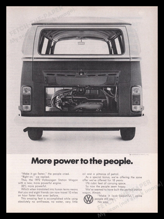 Volkswagon VW Bus 1970s Print Advertisement Ad 1972 "More power to the people" Fetch the Paper!