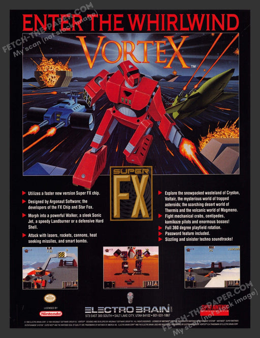 1994 Print Advertisement Vortex Super FX Video Game Ad.