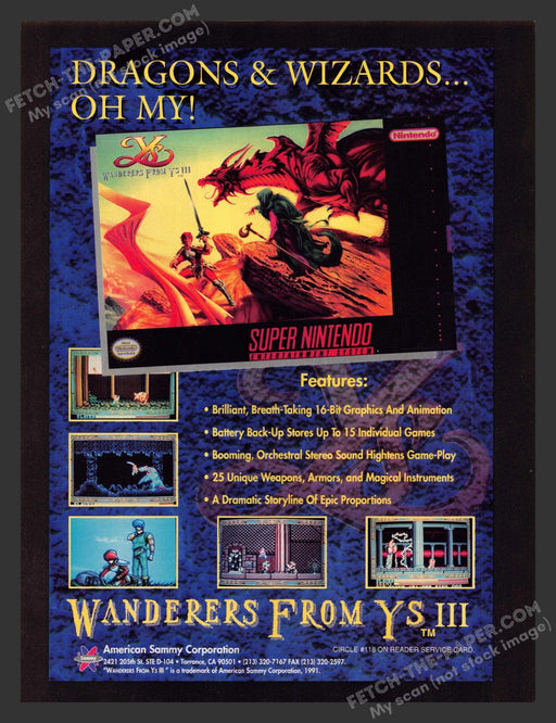1990s Print Advertisement Wanderers From YS III Video Game Ad.