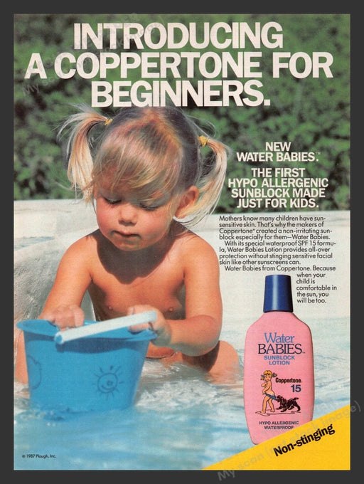1987 Water Babies Sunblock Toddler in Water on Beach Print Advertisement Ad
