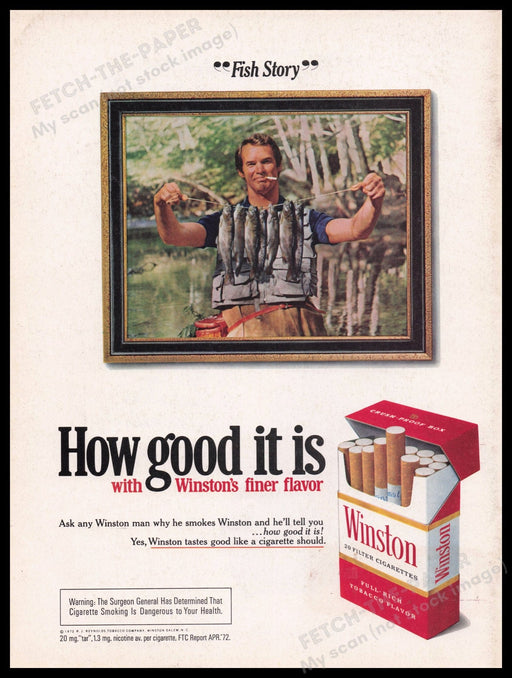 Winston Cigarettes 1970s Print Advertisement Ad 1972 "Fish Story" Fetch the Paper!