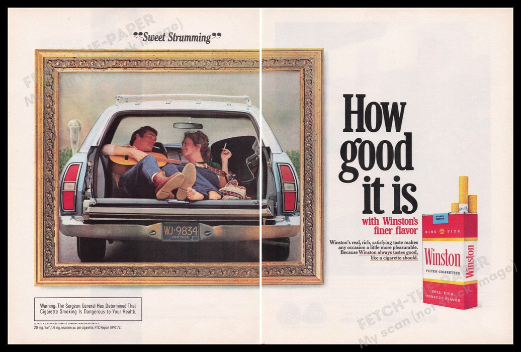Winston Cigarettes 1970s Print Advertisement Ad (2 pages) 1972 "Sweet Strumming" Fetch the Paper!