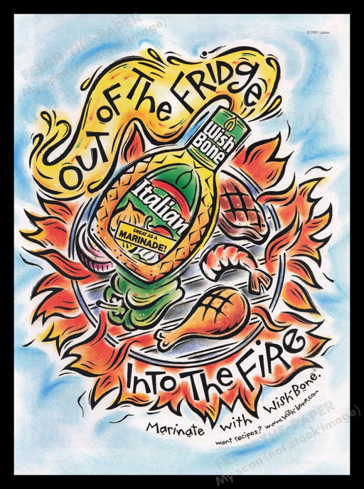 Wish Bone 2000s Print Advertisement Ad 2001 Salad Dressing "Into the Fire" Fetch the Paper!