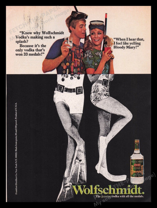 Wolfschmidt Vodka 1970s Print Advertisement Ad 1970 Medals Snorkeling Couple Fetch the Paper!
