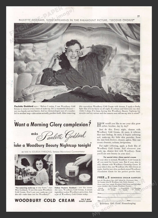 1941 Woodbury Cold Cream Paulette Goddard Print Advertisement Ad