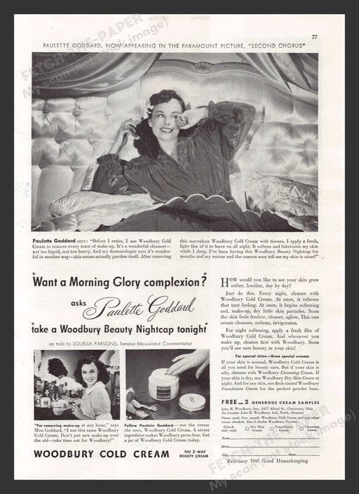 1941 Woodbury Cold Cream Paulette Goddard Print Advertisement Ad