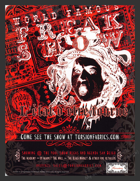2005 World Famous Freak Show Clothing Torsion Fabrics Print Advertisement Ad.