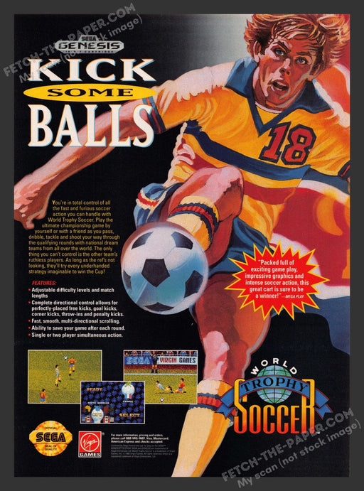 1992 Print Advertisement World Trophy Soccer Video Game Ad.