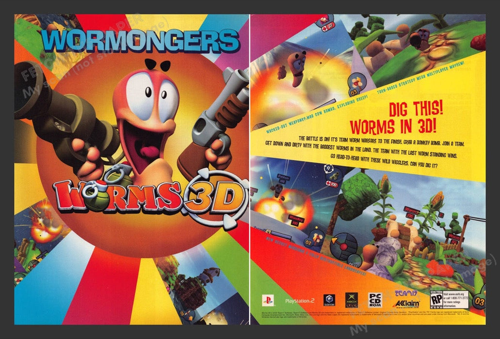 2004 Worms 3D "Wormongers" Video Game Print Advertisement (2 Pages)