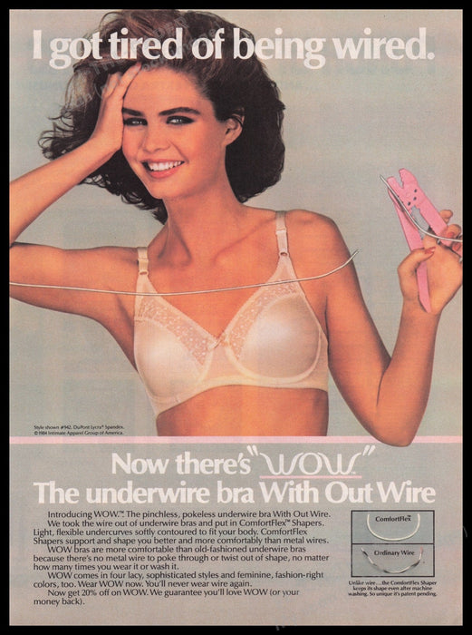 Wow Bra Lingerie 1980s Print Advertisement Ad 1985 Cutting Underwire Fetch the Paper!