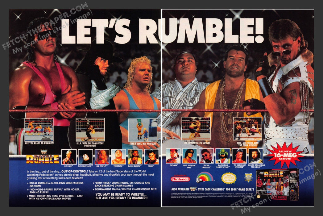 1993 Print Advertisement 2 Page WWF Royal Rumble Wrestling Video Game Ad.