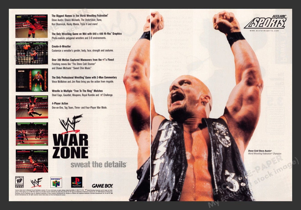 1998 WWF War Zone Steve Austin Video Game Print Advertisement (2 Pages)