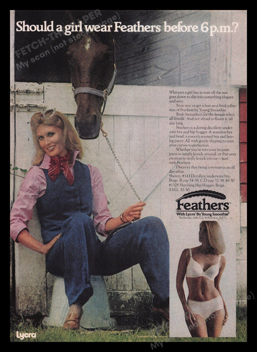 Young Smoothie Feathers Lingerie 1970s Print Advertisement Ad 1977 Bra Panty Fetch the Paper!