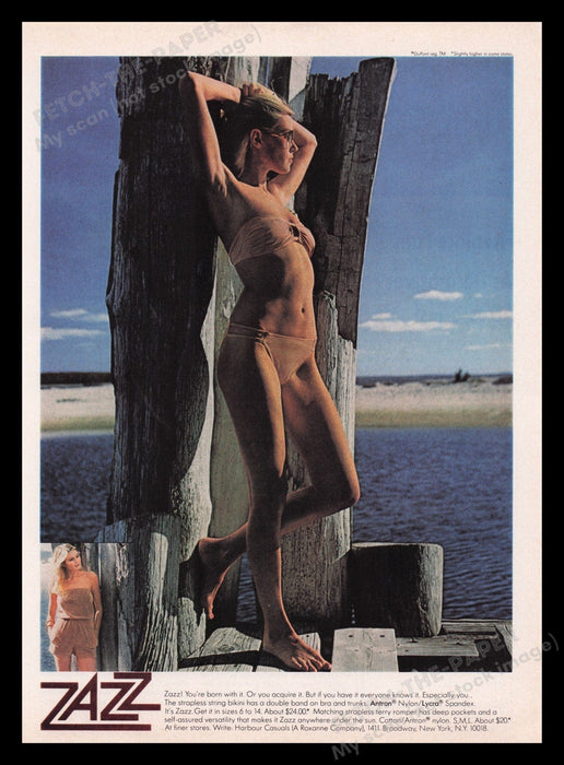 Zazz Swimwear Bikini 1970s Print Advertisement Ad 1979 Pier Beach Model Fetch the Paper!