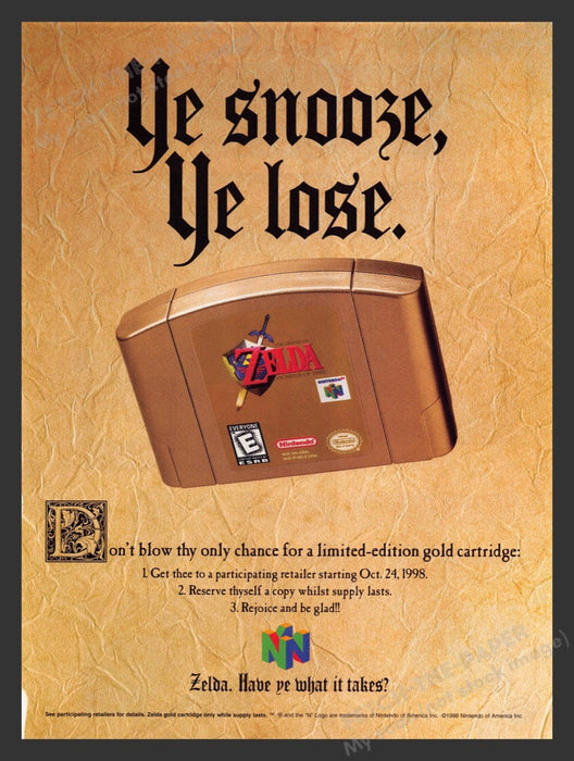 1998 Zelda "Ye snooze, ye lose" Video Game Print Advertisement