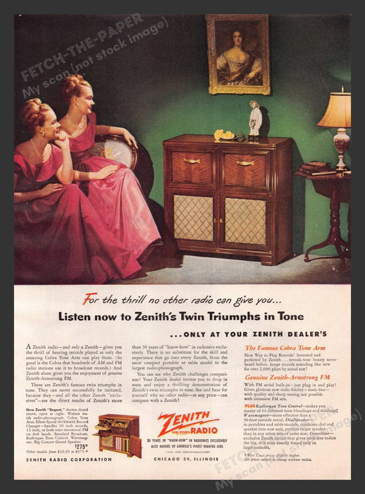 1948 Zenith Radio "Regent" Model Twin Triumphs Print Advertisement Ad