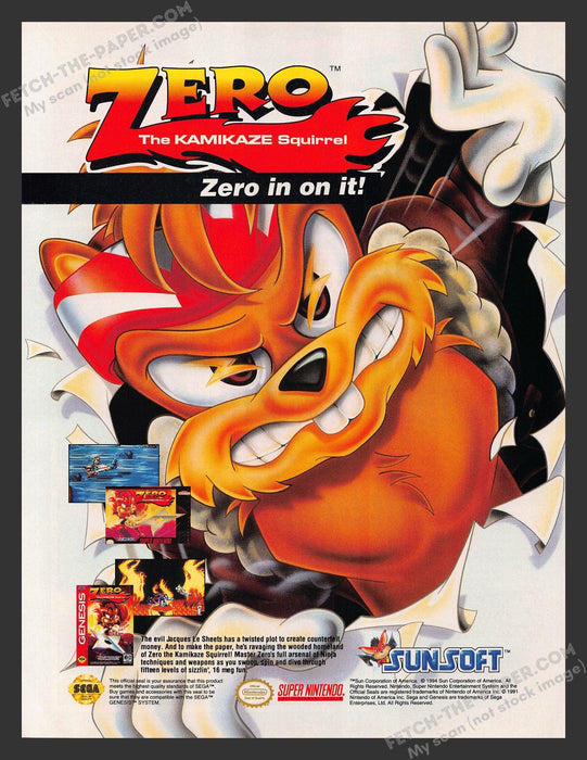 Zero Kamikaze Squirrel Video Game 1990s Print Advertisement Ad 1994 Fetch the Paper!