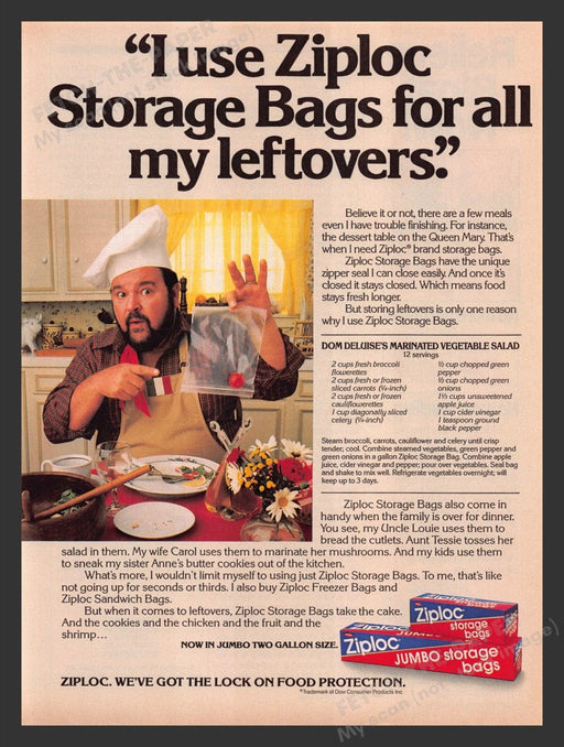 1986 Ziploc Storage Bags with Dom Deluise Recipe Print Advertisement Ad